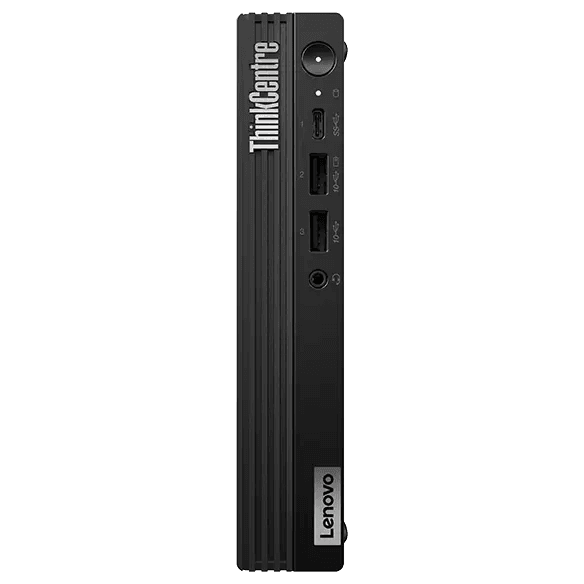 The Lenovo ThinkCentre M70q Gen 5 Tiny desktop, front view